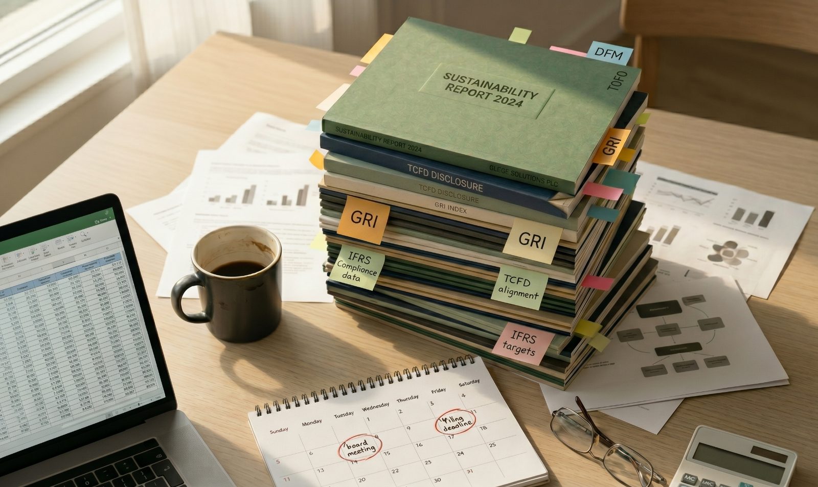 Stack of sustainability reports with sticky tabs on a desk — illustrating fragmented framework compliance